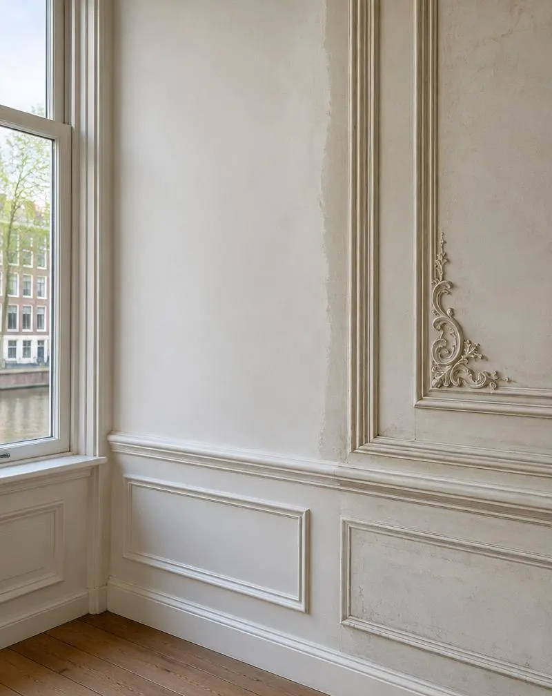 Hersteld stucwerk in klassiek interieur met ornamenten