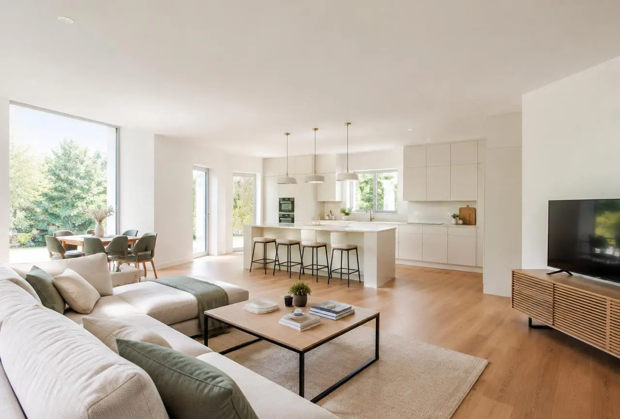 Nieuwbouw woonkamer met sausklaar stucwerk in Hilversum