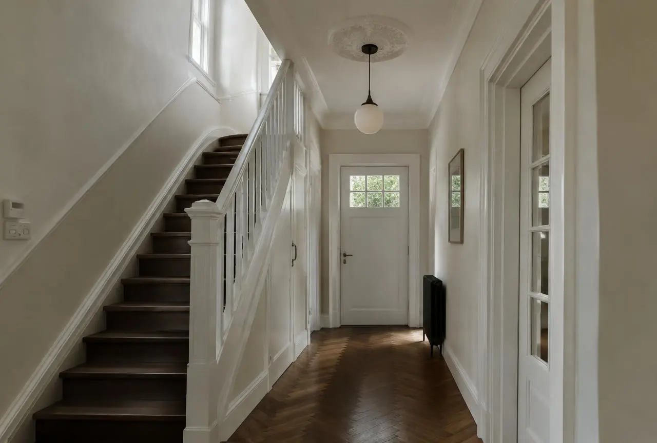 Gerenoveerde hal van jaren 30 villa met nieuw stucwerk in Bussum