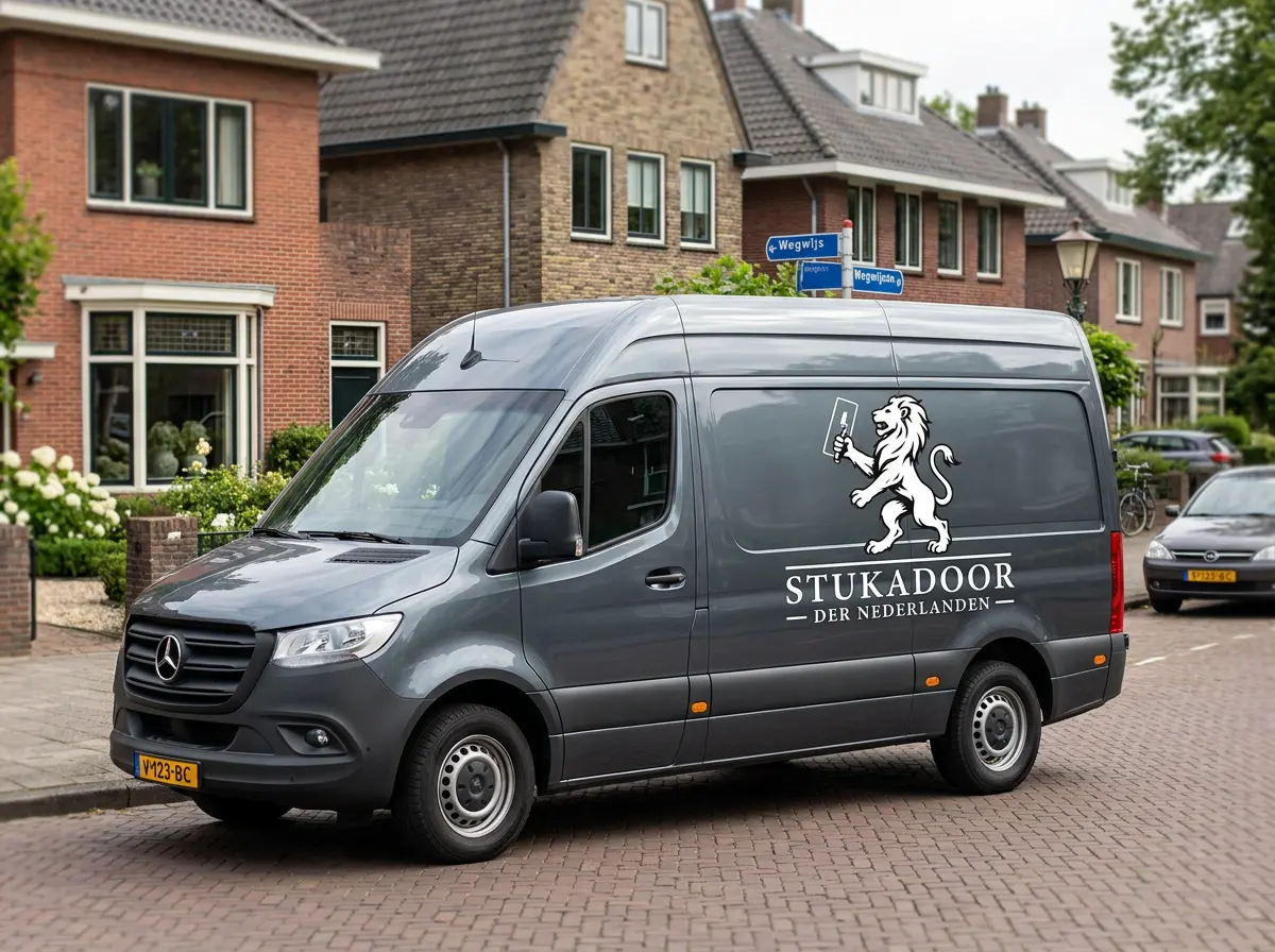 Werkbus van Stukadoor der Nederlanden met bedrijfslogo in Hilversum